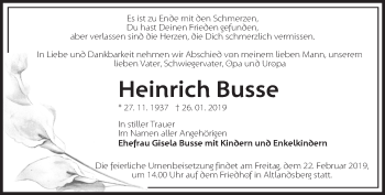 Traueranzeige von Heinrich Busse von Märkische Oderzeitung