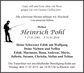 Traueranzeige von Heinrich Pohl von Märkische Oderzeitung