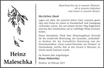 Traueranzeige von Heinz Maleschka von Märkische Oderzeitung