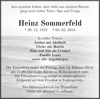 Traueranzeige von Heinz Sommerfeld von Märkische Oderzeitung