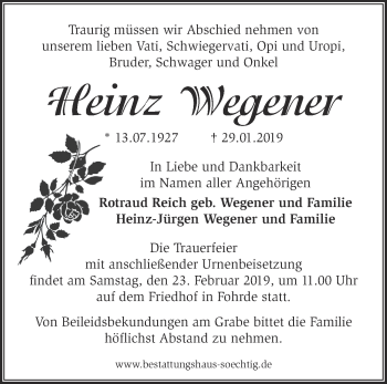 Traueranzeige von Heinz Wegener von Märkische Oderzeitung