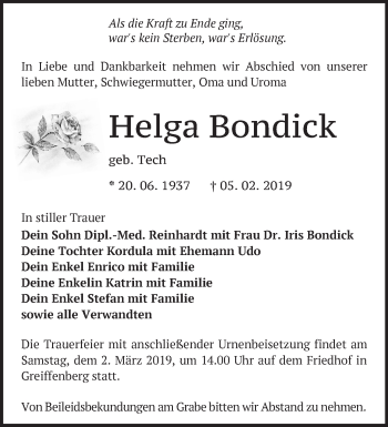 Traueranzeige von Helga Bondick von Märkische Oderzeitung