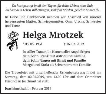 Traueranzeige von Helga Mrotzek von Märkische Oderzeitung