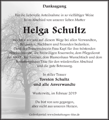 Traueranzeige von Helga Schultz von Märkische Oderzeitung