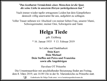 Traueranzeige von Helga Tiede von Märkische Oderzeitung