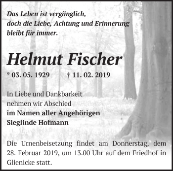 Traueranzeige von Helmut Fischer von Märkische Oderzeitung