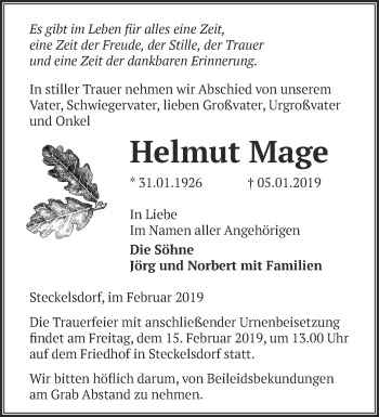 Traueranzeige von Helmut Mage von Märkische Oderzeitung