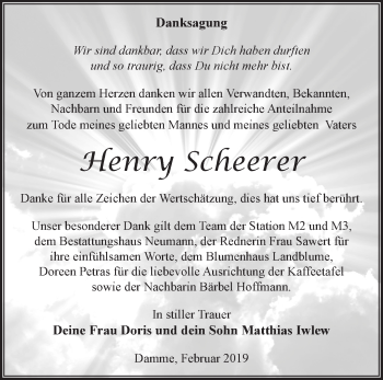 Traueranzeige von Henry Scheerer von Märkische Oderzeitung