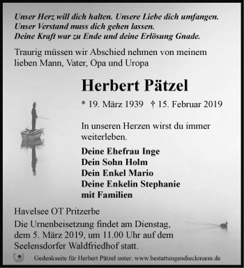 Traueranzeige von Herbert Pätzel von Märkische Oderzeitung