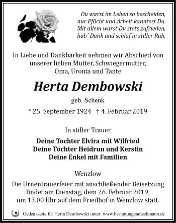 Traueranzeige von Herta Dembowski von Märkische Oderzeitung