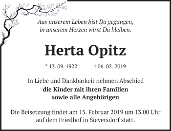 Traueranzeige von Herta Opitz von Märkische Oderzeitung