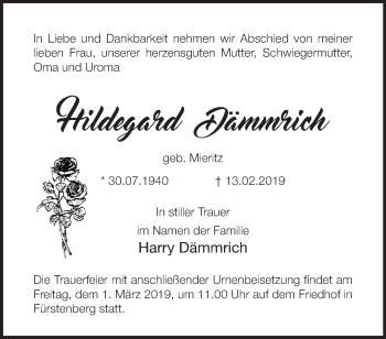 Traueranzeige von Hildegard Dämmrich von Märkische Oderzeitung