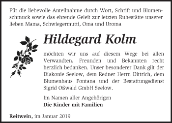 Traueranzeige von Hildegard Kolm von Märkische Oderzeitung