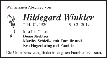 Traueranzeige von Hildegard Winkler von Märkische Oderzeitung