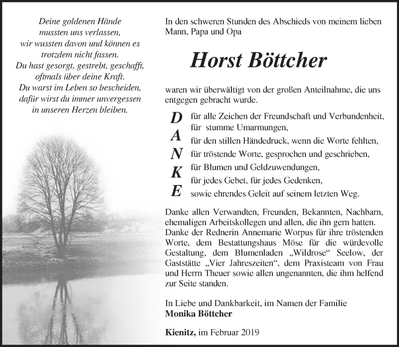  Traueranzeige für Horst Böttcher vom 16.02.2019 aus Märkische Oderzeitung