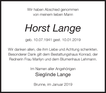 Traueranzeige von Horst Lange von Märkische Oderzeitung