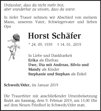 Traueranzeige von Horst Schäfer von Märkische Oderzeitung