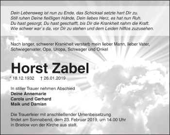 Traueranzeige von Horst Zabel von Märkische Oderzeitung