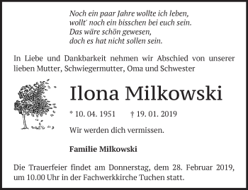 Traueranzeige von Ilona Milkowski von Märkische Oderzeitung