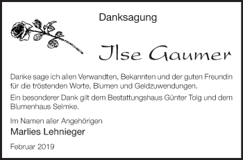 Traueranzeige von Ilse Gaumer von Märkische Oderzeitung