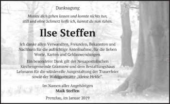 Traueranzeige von Ilse Steffen von Märkische Oderzeitung