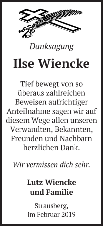 Traueranzeige von Ilse Wiencke von Märkische Oderzeitung