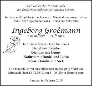 Traueranzeige von Ingeborg Großmann von Märkische Oderzeitung