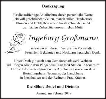 Traueranzeige von Ingeborg Großmann von Märkische Oderzeitung