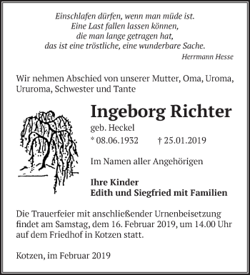 Traueranzeige von Ingeborg Richter von Märkische Oderzeitung