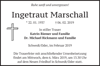 Traueranzeige von Ingetraut Marschall von Märkische Oderzeitung