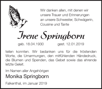 Traueranzeige von Irene Springborn von Märkische Oderzeitung