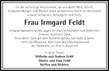 Traueranzeige von Irmgard Feldt von Märkische Oderzeitung