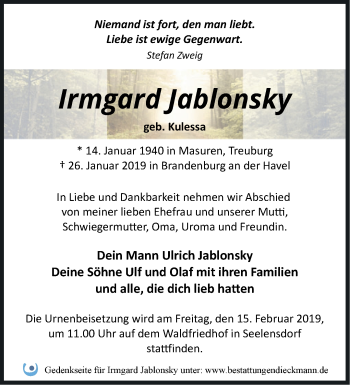 Traueranzeige von Irmgard Jablonsky von Märkische Oderzeitung