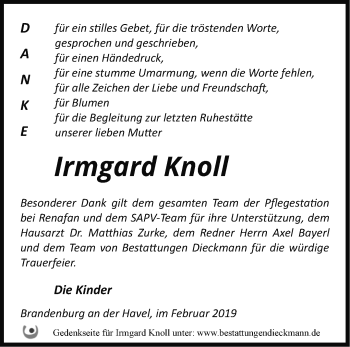 Traueranzeige von Irmgard Knoll von Märkische Oderzeitung