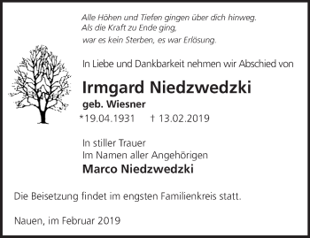 Traueranzeige von Irmgard Niedzwedzki von Märkische Oderzeitung