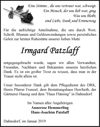 Traueranzeige von Irmgard Patzlaff von Märkische Oderzeitung