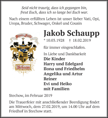 Traueranzeige von Jakob Schaupp von Märkische Oderzeitung