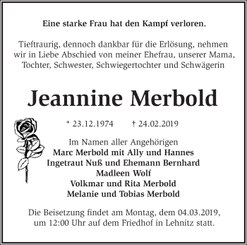 Traueranzeige von Jeannine Merbold von Märkische Oderzeitung