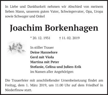 Traueranzeige von Joachim Borkenhagen von Märkische Oderzeitung