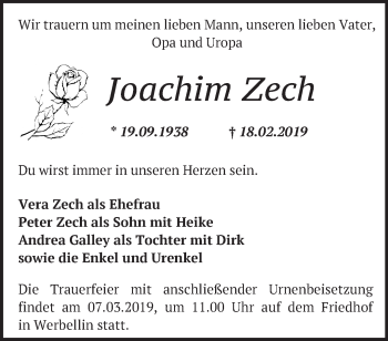 Traueranzeige von Joachim Zech von Märkische Oderzeitung