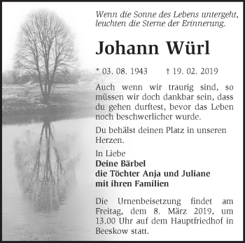 Traueranzeige von Johann Würl von Märkische Oderzeitung