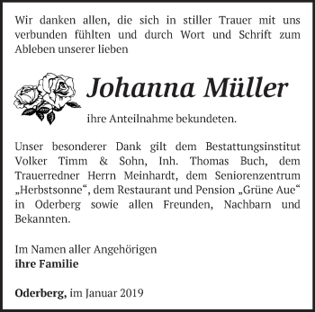 Traueranzeige von Johanna Müller von Märkische Oderzeitung