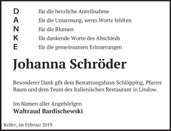 Traueranzeige von Johanna Schröder von Märkische Oderzeitung