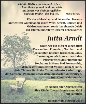 Traueranzeige von Jutta Arndt von Märkische Oderzeitung