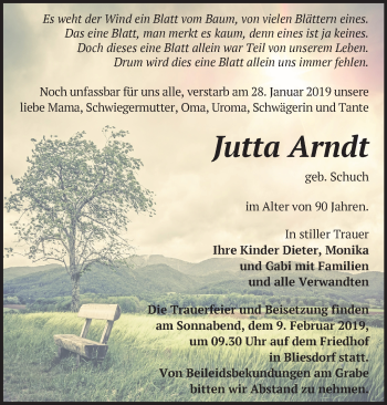 Traueranzeige von Jutta Arndt von Märkische Oderzeitung