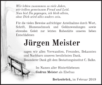 Traueranzeige von Jürgen Meister von Märkische Oderzeitung