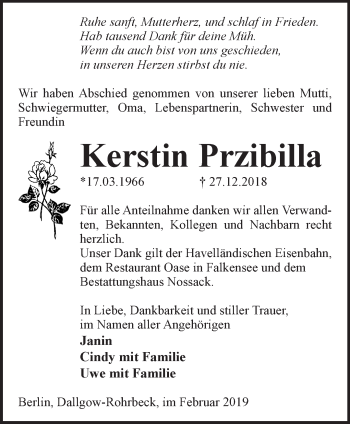 Traueranzeige von Kerstin Przibilla von Märkische Oderzeitung