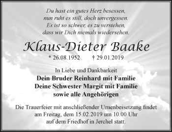 Traueranzeige von Klaus-Dieter Baake von Märkische Oderzeitung