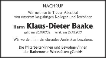 Traueranzeige von Klaus-Dieter Baake von Märkische Oderzeitung