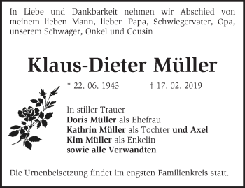 Traueranzeige von Klaus-Dieter Müller von Märkische Oderzeitung